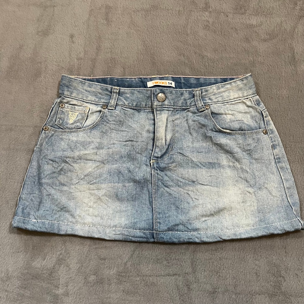 Euro VTG Y2K Light Wash Denim Mini Skirt Womens 28 Adjustable Waist Micro Mooks
